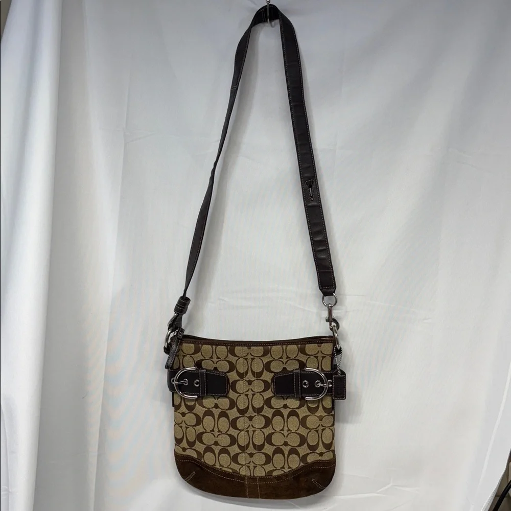 Coach Signature Fabric And Suede Slim Duffle Shoulder Bag Brown Color